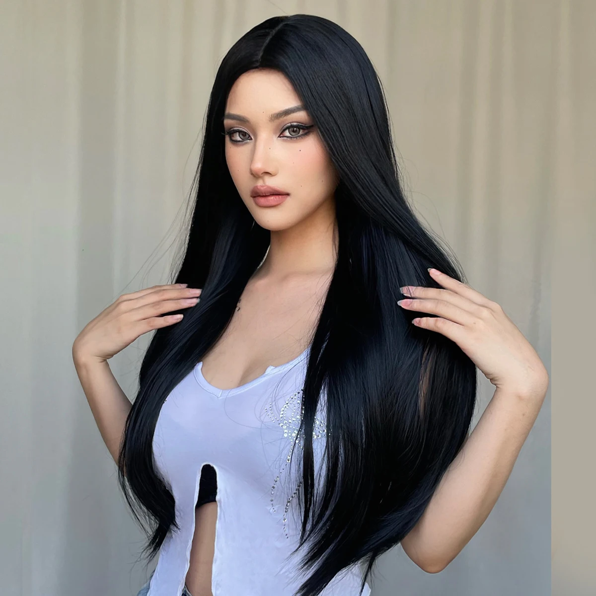 Длинные прямые натуральные черные синтетические парики средняя часть Черный