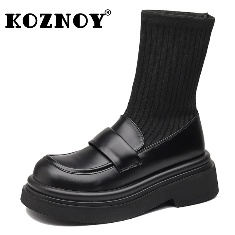 

Koznoy 6cm Cow Genuine Leather British Sock Knitting Boots Mary Jane Autumn Woman Ankle Mid Calf Booties Spring Stretch Shoes