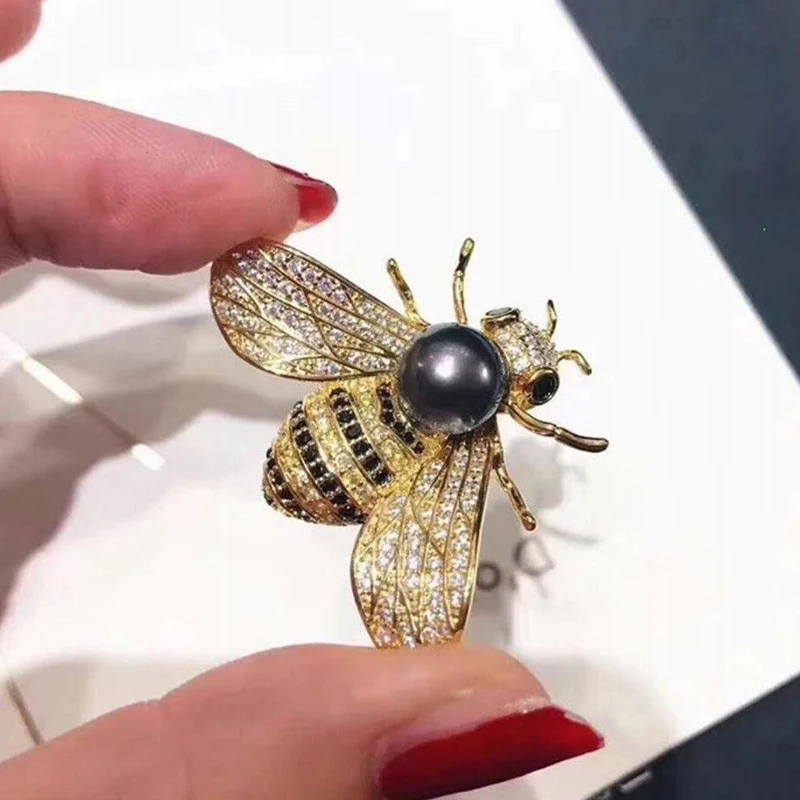 

MeibaPJ 9-10 мм натуральный черный жемчуг пчела корсажная Брошь Подвеска модный свитер ювелирные изделия для женщин пустой лоток