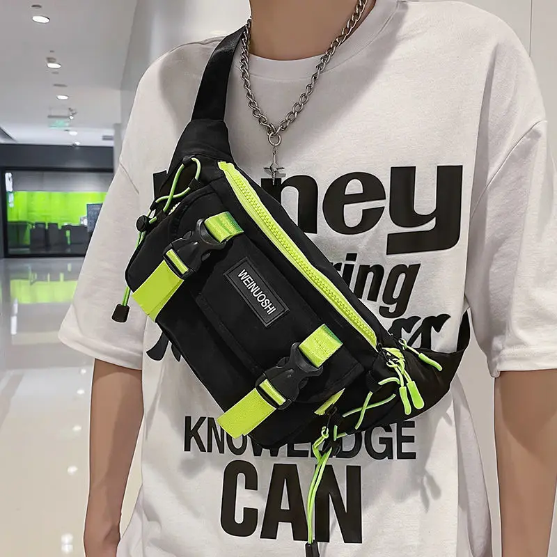 

Young Girls Zipper Neon Green Patchwork Shoulder Messenger Bag Men Trend Small Chest Pack Couple Casual Waist Bag Designer Black