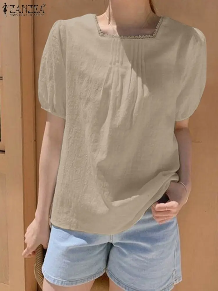 

2023 ZANZEA Women Summer Casual Blouse Square Neck Short Sleeve Work OL Blusas Femme Holiday Shirts Elegant White Tops Oversize