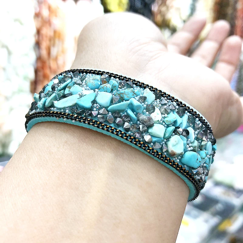 

Wholesale Colorful Natural Gem Power Balance with Secret Clasp Gravel Inlaid Bracelet Couples Style Gift Leather Wide Wristband