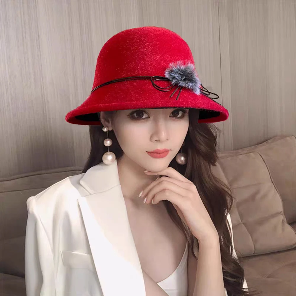 Fashion Pom Bucket For Women Fedoras Cap Jazz Bow Bowler Wool Ladies Hat Vintage Elegant Winter Autumn Warm Dome