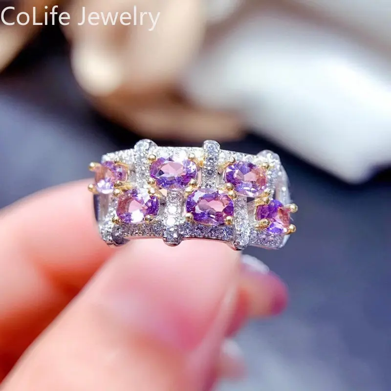 

Luxury Amethyst Sterling Silver Ring for Party Total 0.9ct 3mm*4mm Natural Light Purple Amethyst Ring with Gold Plating