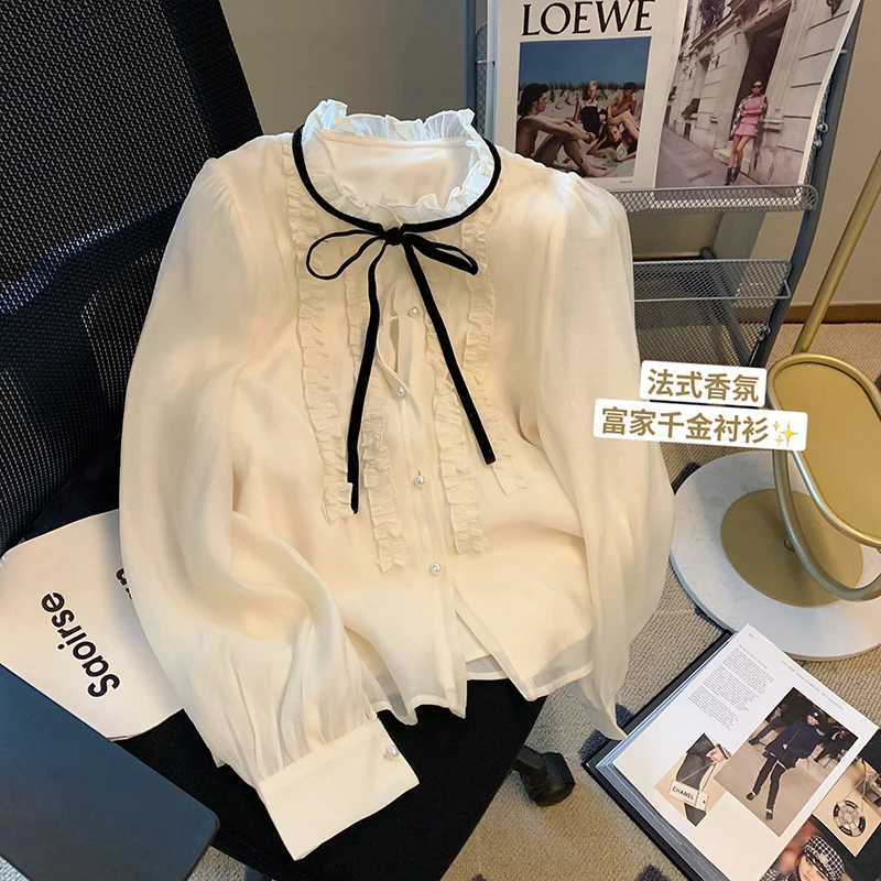 

Women's Clothes Shirt Spring Apricot Shirt Korean Fashion Vintage 2023 NEW Female Long Sleeve Chic Casual Pullover Blouse Tops
