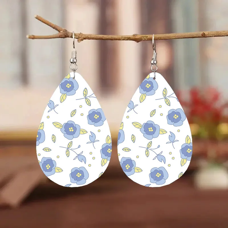 

1Pair Bohemian Fashion Style PU Leather Droplet Earrings Flower Print Men's and Women's Daily Wear Ear Jewelry Creative Personal