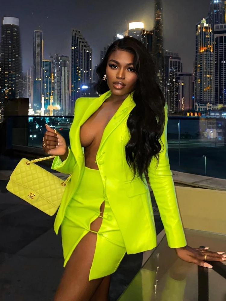 Women Lapel Long Sleeve PU Jacket Suit Mini Skirt 2 Piece Set Sexy V Neck Metal Pin Designer Coat Skirt Set Party Club Evening