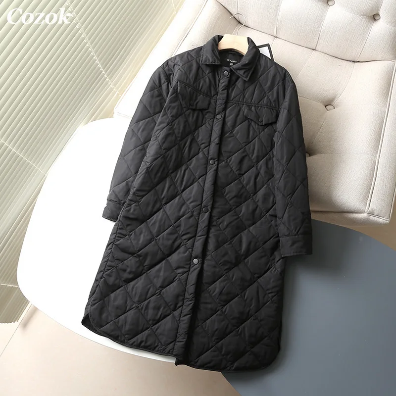 2021 Winter New Korean Style Long Cotton-padded Coat Women's Casual Stand-up Collar Argyle Pattern Oversized Parka Elegant Coat