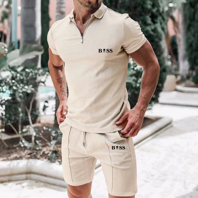 Men's Summer Heavyweight Waffle POLO Shirt Short Sleeve Zipper + Casual Sports Shorts High Quality Two-Piece Set
