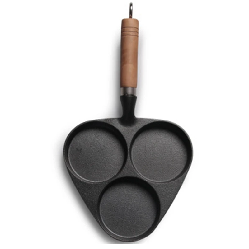 

3 Holes Omelette Frying Pan Thickened Cast Iron Pot Pancake Non Stick Wooden Handle Cookware Dumplings Tools