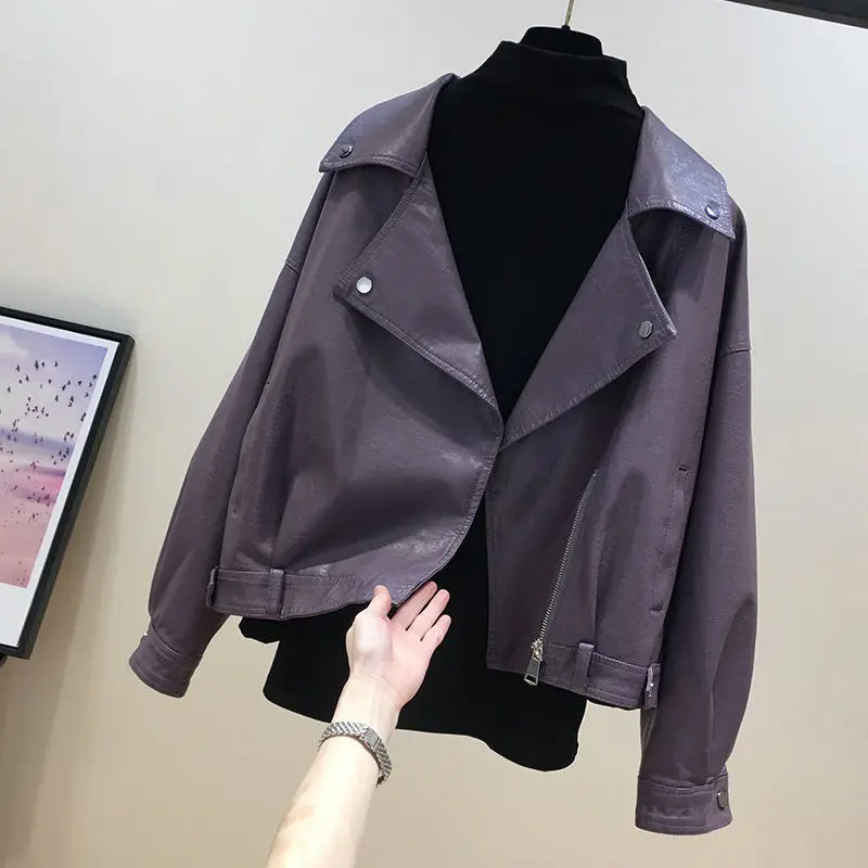 Fashion Casual Loose Waist Leather Jacket Motorcycle Leather Coat Women's 2022 Autumn Senior Lapel Jacket Gothic Hip Pop