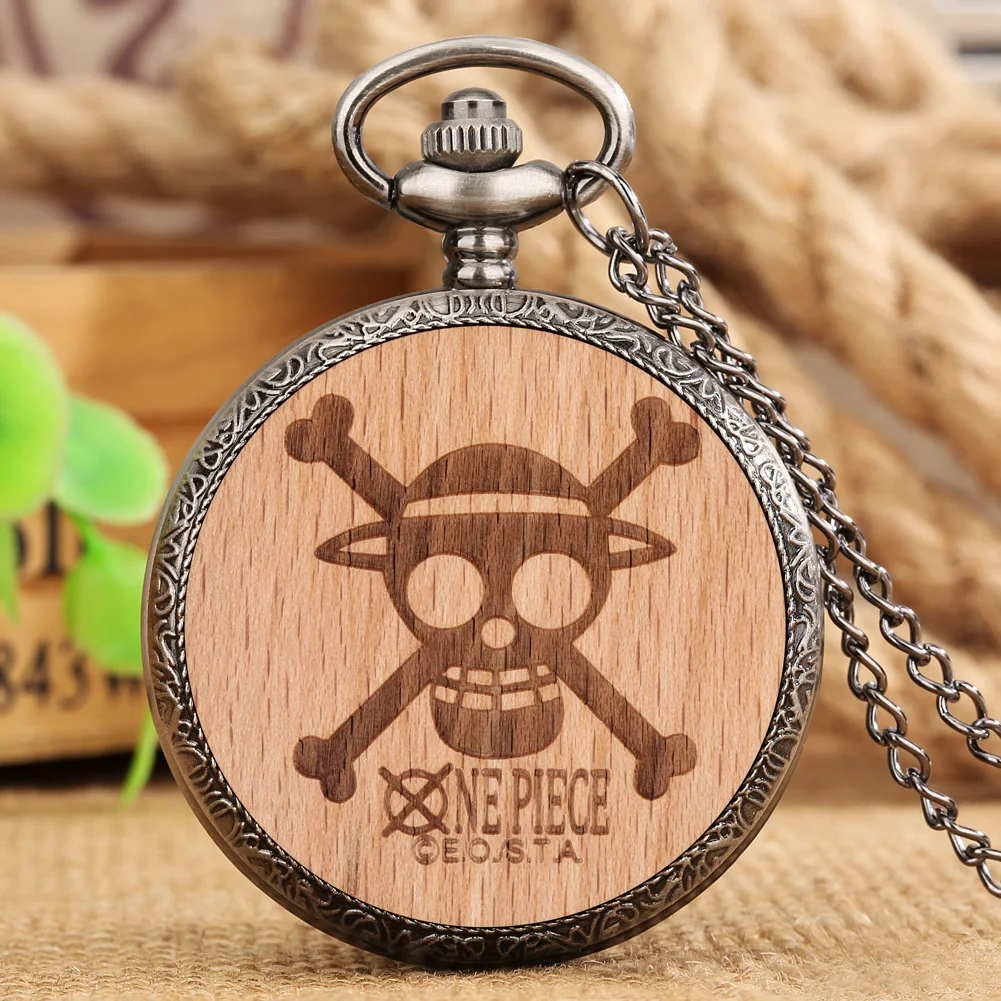Pocket Watch with Chain Wood Cover Anime Skull Carving Analog Quartz Pocket Necklace Clock Pendant Creative Gifts for Men