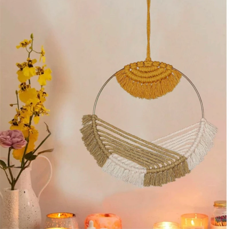 

Colorful Chic Hoop Macrame Wall Hanging Cotton Hand Weaving For Home Decor Living Room Bedroom Children's Room Decoration