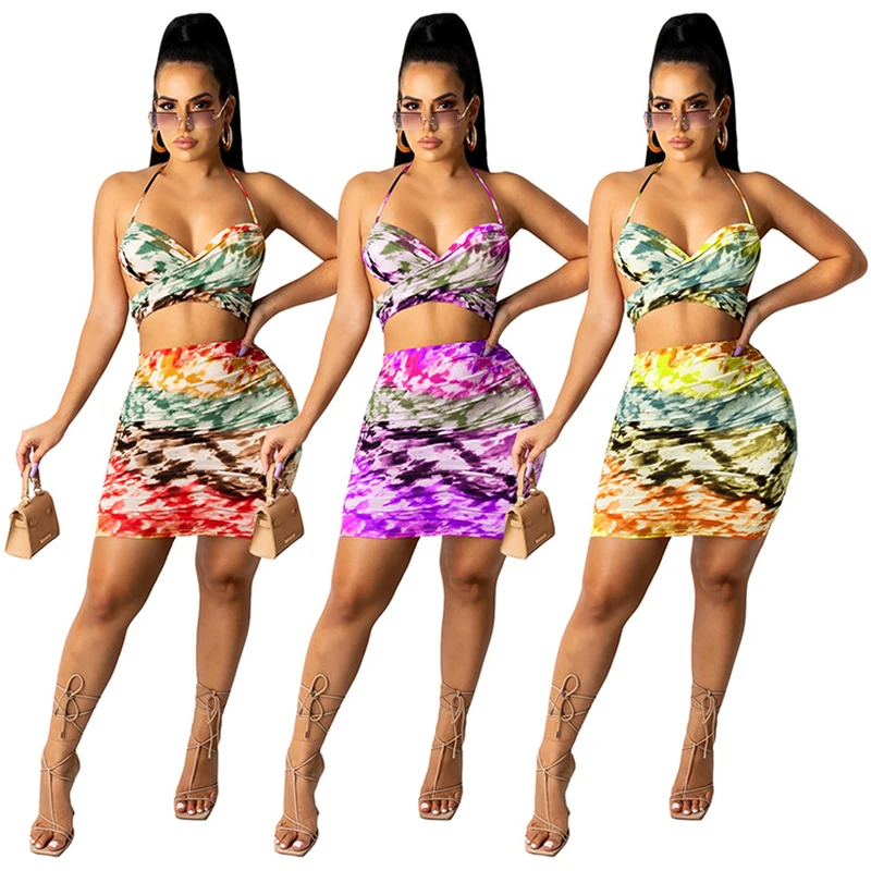 

2022 summer new women's wear digital printing shoulder wrap chest open back sleeveless sexy cute two piece set