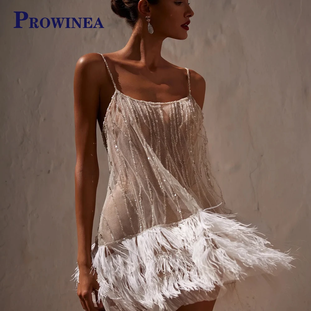

PROWINEA Sexy Sequin Feather Short Evening Dress For Women Spaghetti Strap Backless Formal Party Beach Dress Dropping Shipping