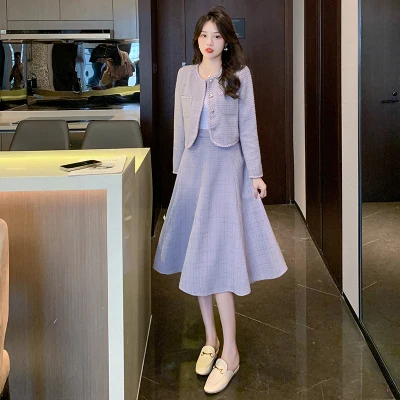 

High Quality Small Fragrance Tweed Two Piece Set Women Short Jacket Coat + Long Skirt Suits Korean Fashion Sweet 2 Piece Sets