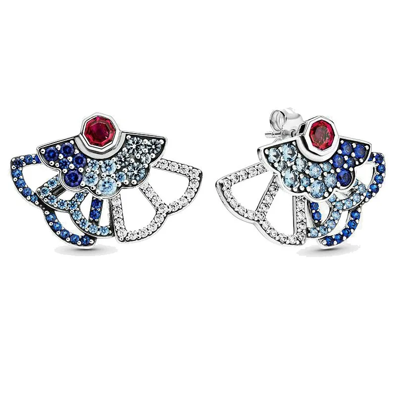 

Женские серьги-гвоздики из серебра 925 пробы, с блестящим синим и розовым веером и кристаллами, свадебный подарок, модные ювелирные украшения