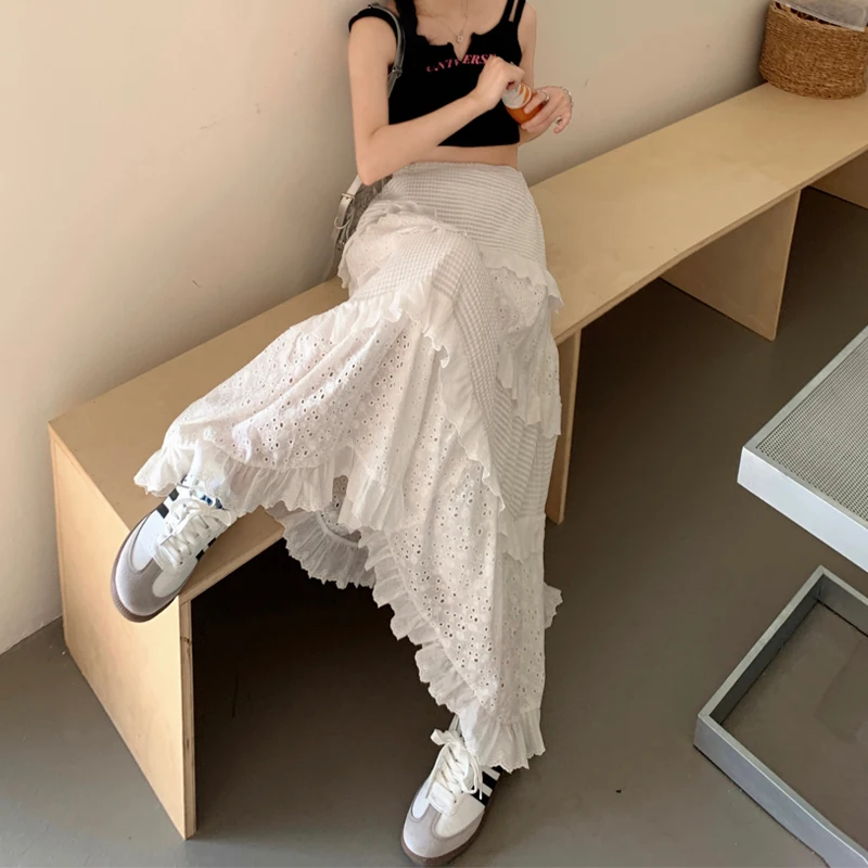 

Юбка женская кружевная трапециевидная с завышенной талией, модная длинная Мягкая Милая юбка-зонтик во французском стиле, на лето