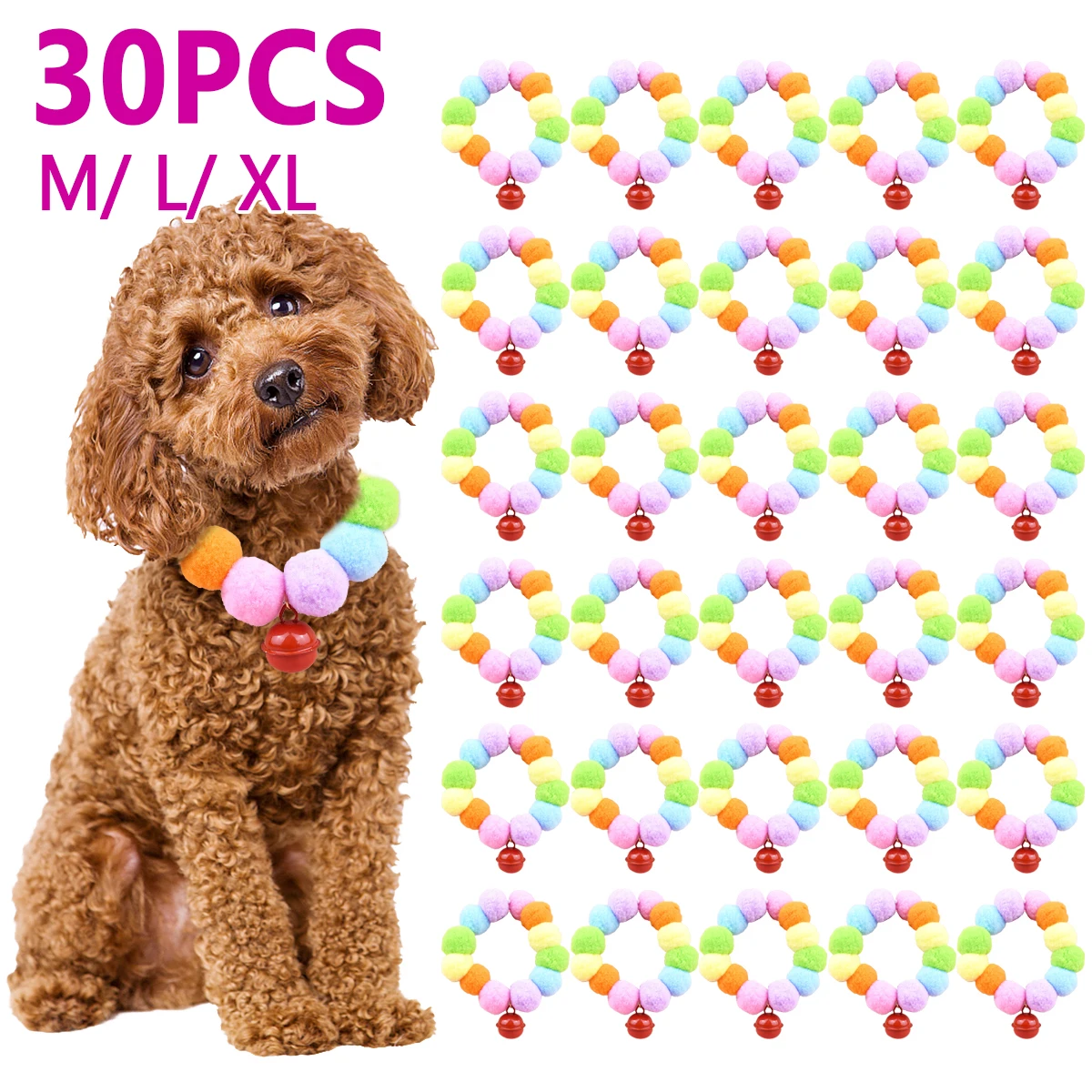 

Новинка 30 шт. ошейник с меховыми шариками для домашних животных ошейник с шариками для кошек и собак красочный аксессуар и колокольчик ошей...