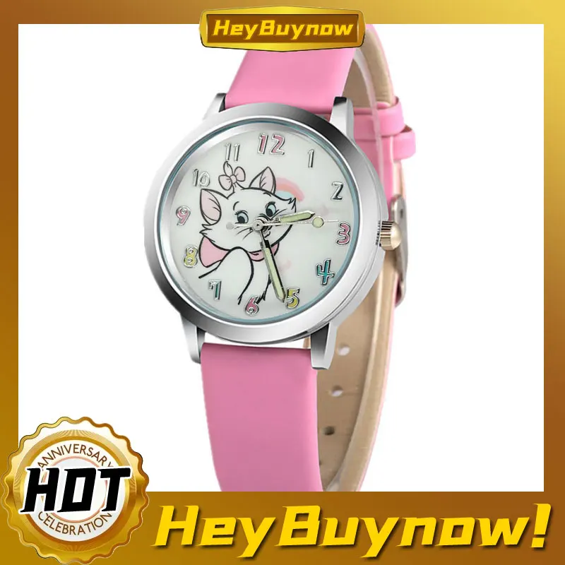 

Girls Love Lucky Cat Cartoon Children's Watch Pink Leather Quartz Luminous Round Dial Boys Casual Sports Watches Gift