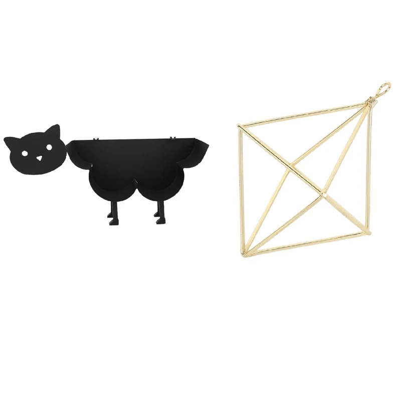 

1 Pcs Geometric Swing Wrought Iron Air Plants Holder & 1 Pcs Black Cat Toilet Roll Holder Paper Towel Holder