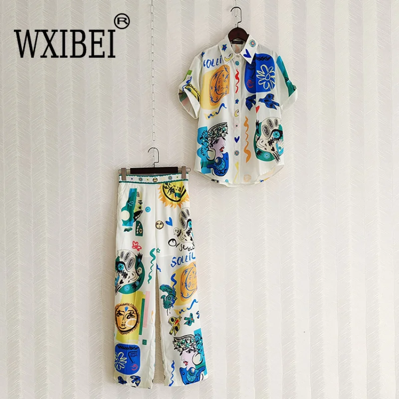 

Женский модельный костюм WXIBEI из 2 предметов, элегантный костюм из рубашки с коротким рукавом и мультяшным принтом и длинных брюк, модель FC630 на весну и лето