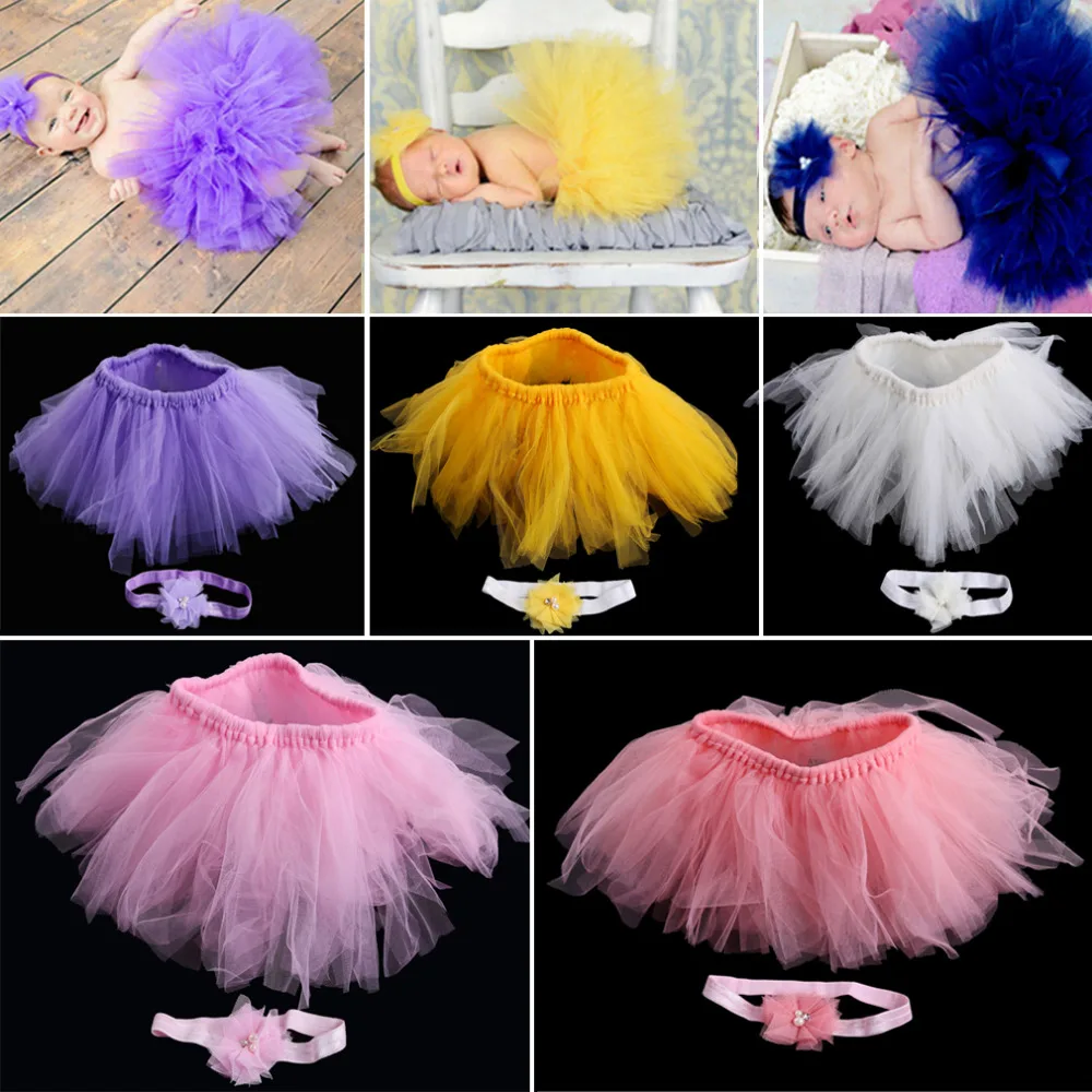 2022 Newborn Baby Girl Tutu Skirt and Flower Headband Set Ball Gown Pettiskirts Birthday Party Skirts Photography Props