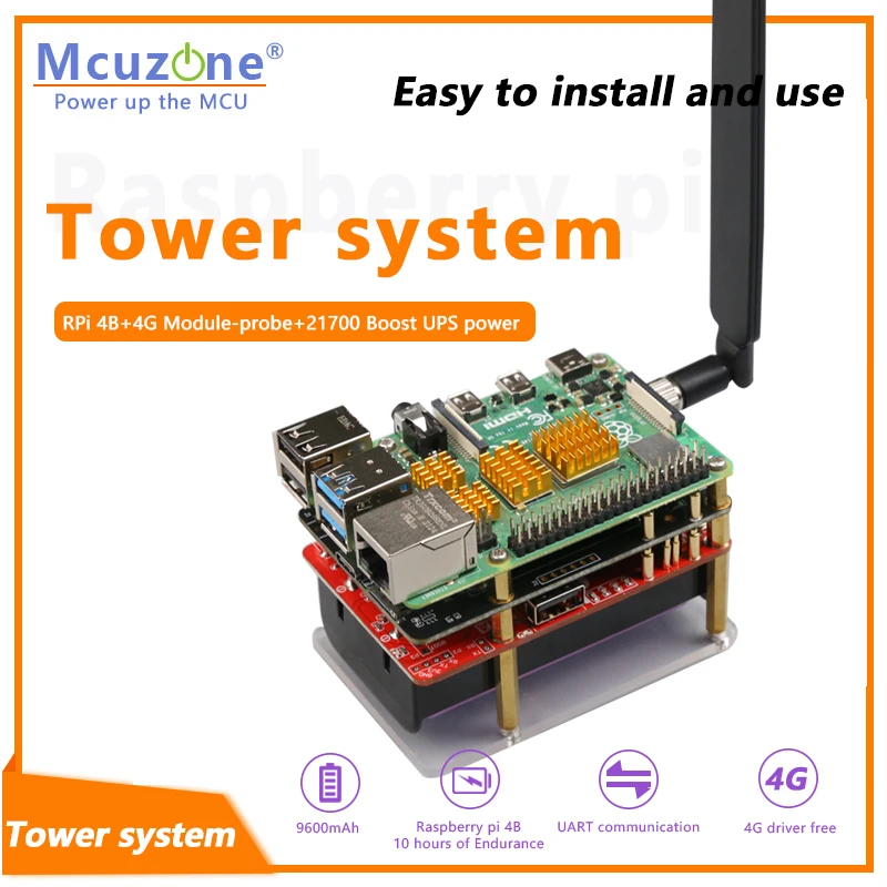 Tower system for Raspberry Pi-4B with 21700 power bank and 4G LTE module,HUAWEI ME909S-821ap V2,EG25-G,CAT4 LTE driver-free