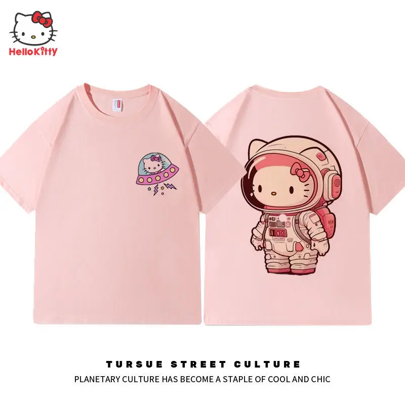 

Kawaii Sanrio Hello Kitty Girls Cotton Short Sleeves T-shirt Anime Kitty Print Summer Loose Casual Couple Tops Birthday Gift