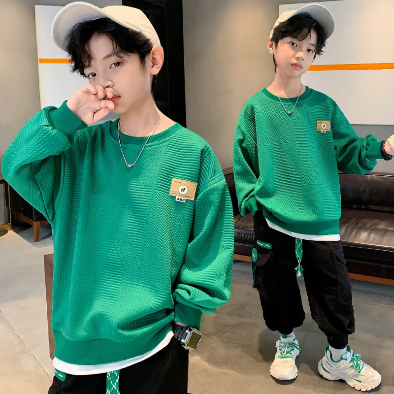 

Teen Boys Fashion Clothes Fake Two-piece Pullover Top Spring Autumn New Children's Clothing Streetwear Sweatshirt 8 10 12 14 Yrs