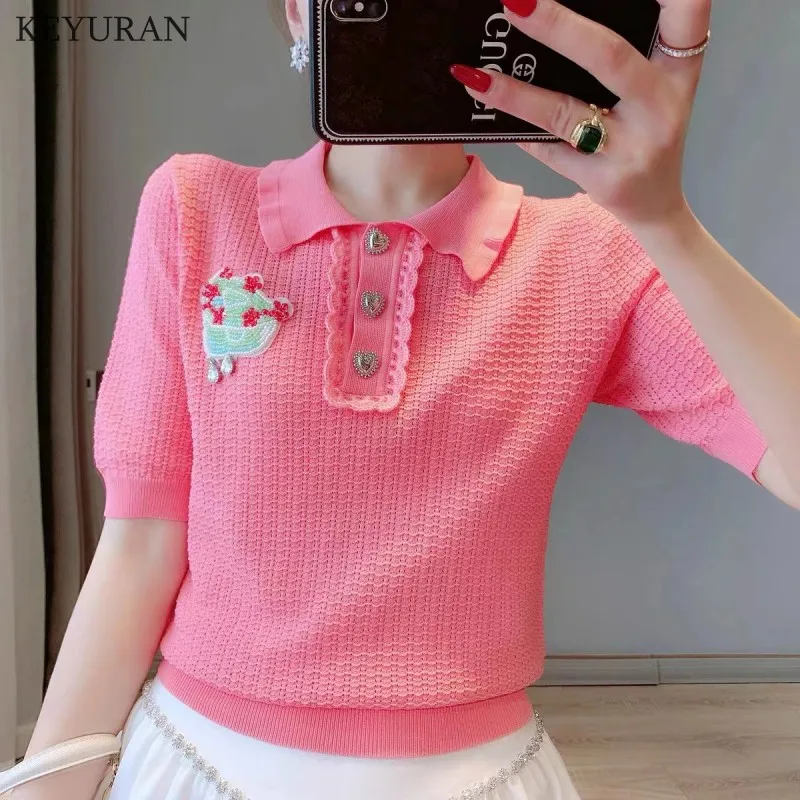 

Женский трикотажный пуловер с цветочным принтом, с коротким рукавом