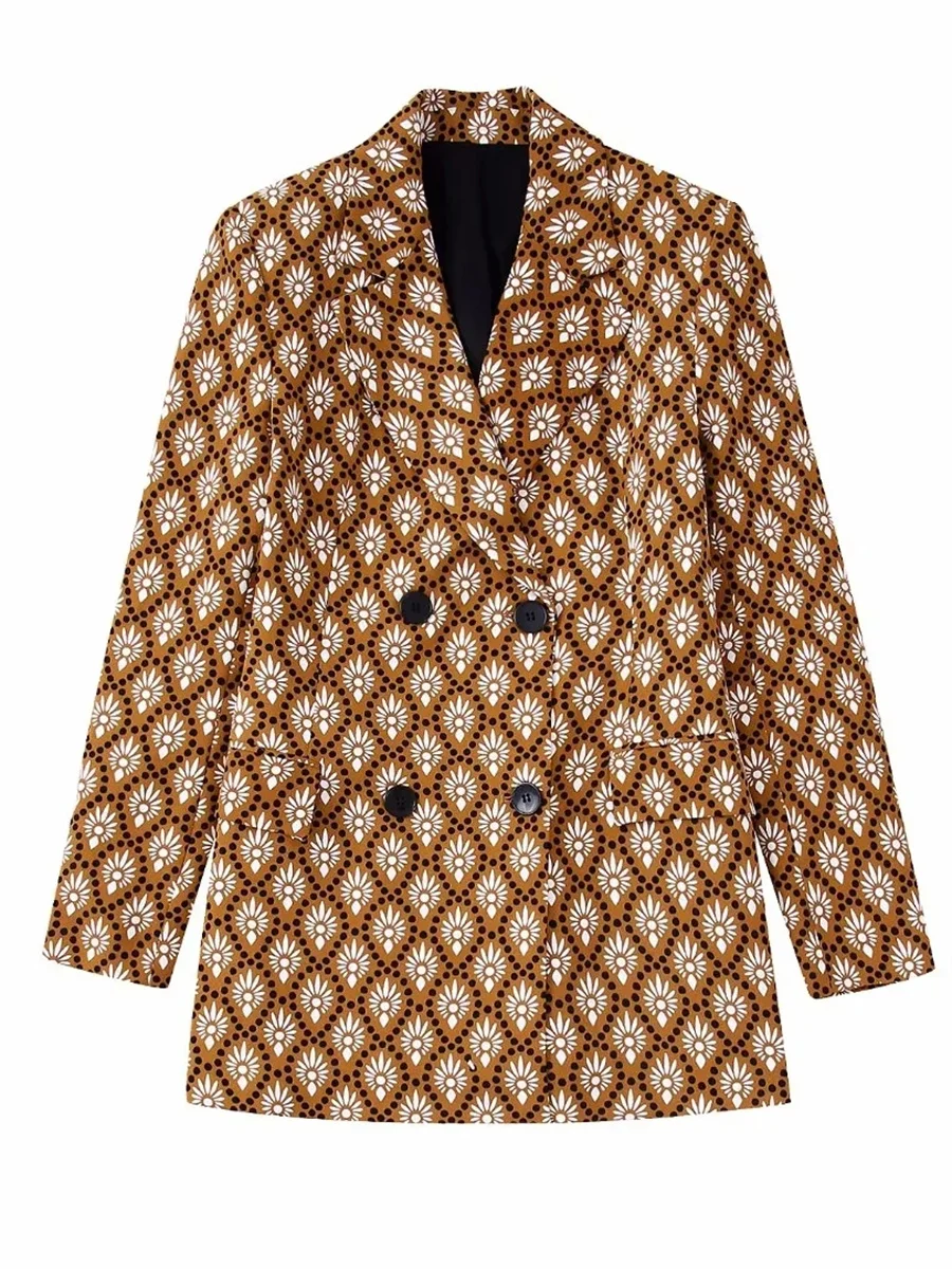 

Women Fashion Print Double Breasted Long Blazer Coat 2022 New Full Sleeves Flap Pockets V-Neck Casual Female Outerwear
