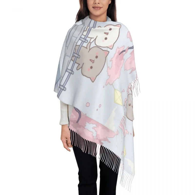 

Romantic Peach And Goma Mochi Cat Tassel Scarf Women Soft Shawl Wrap Female Winter Scarves