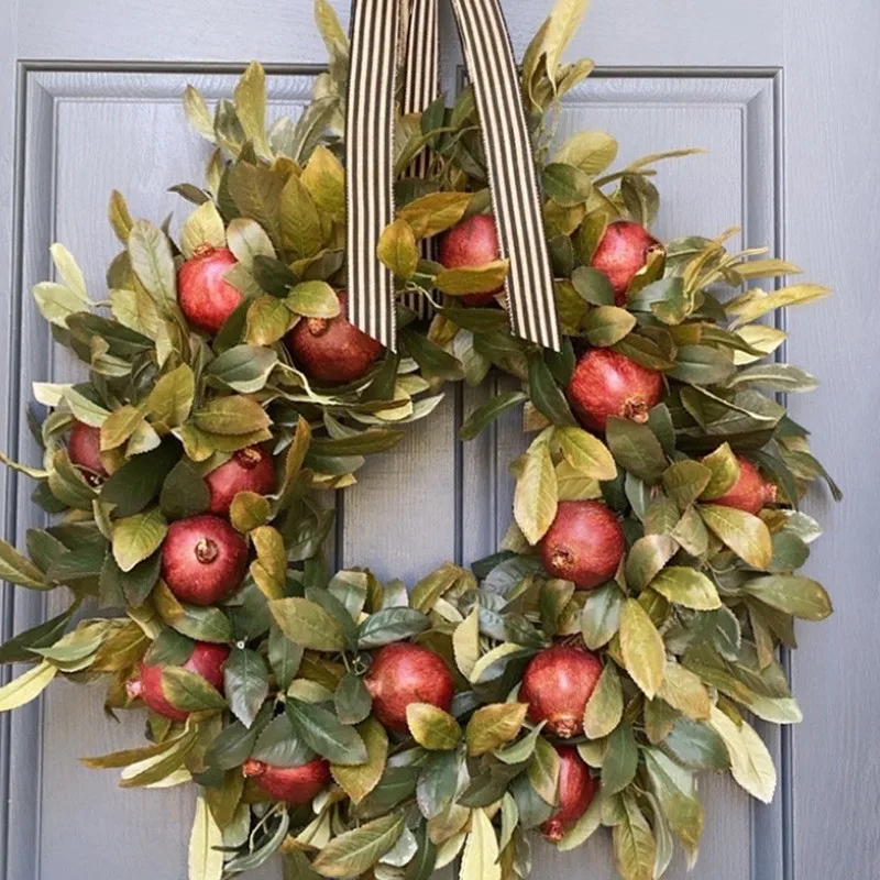 

Autumn Harvest Pomegranate Wreath Green Plant Door Hanging Decorations Pomegranate Fruit Door Wreath Decorations
