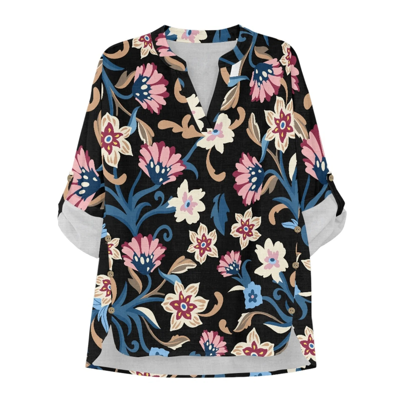 Фото PENSTROLL Женские топы с V-образным вырезом в винтажном стиле с цветочным принтом, имитирующие лен, для повседневной носки на улице, пуловеры, блузки с V-образным вырезом. №4