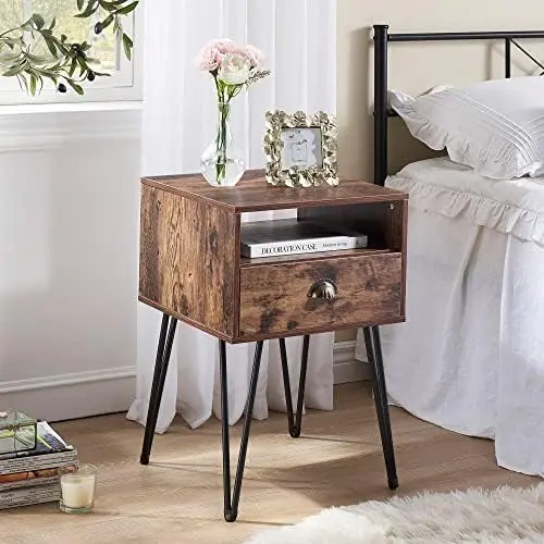

of 2 Nightstand, End/Side Table with Drawer and Storage Shelf for Children's Living Room Bedroom, Stable Metal Frame, Yellow