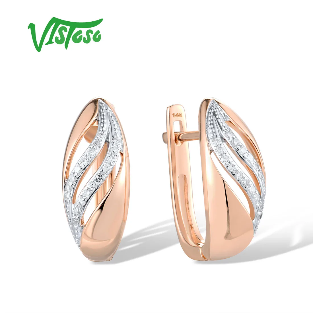 

VISTOSO Pure 14K 585 Rose Gold Latch Back Earrings For Women Sparkling Diamond Wedding Anniversary Elegant Gift Fine Jewelry