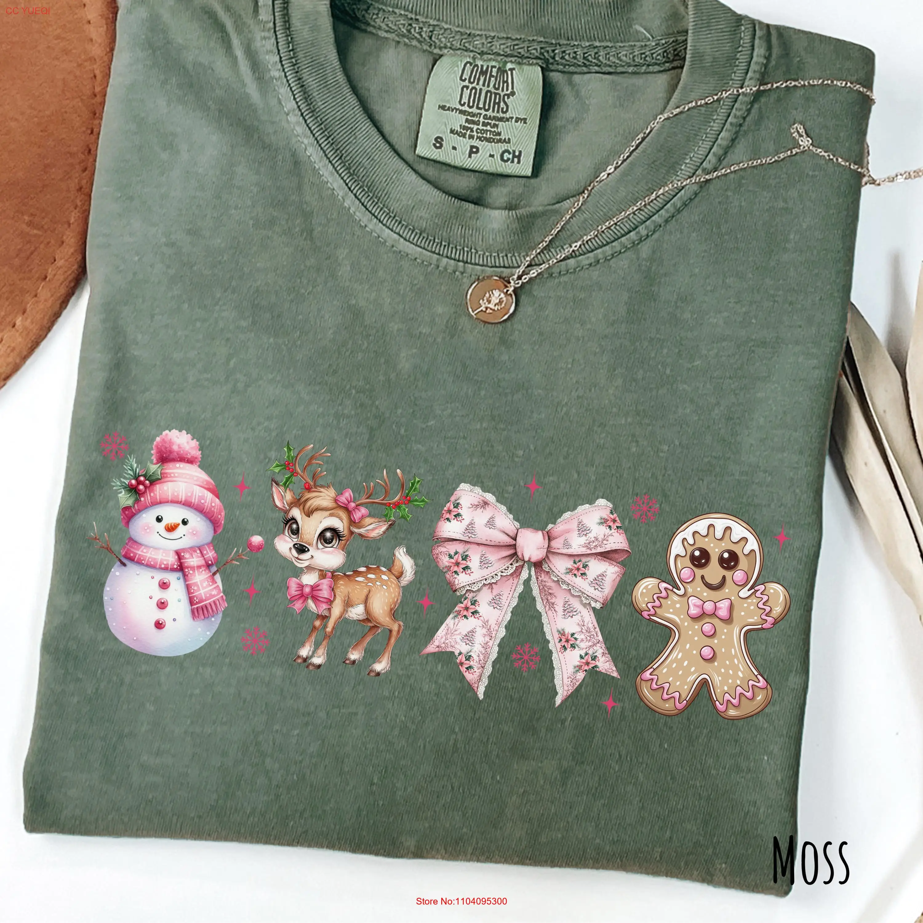 Комфортные цвета Розовая кокетка с бантом Рождественская футболка Праздничное