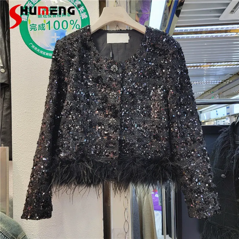 2023 Spring New Chic Classic Style Elegant Sequins Tweed Burr Short Outerwear&coat Women's Fashion Trendy Streetwear Jacket