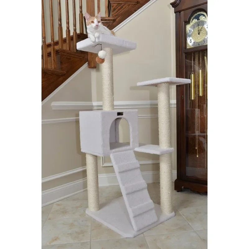 

53-in real wood Cat Tree & Condo Scratching Post Tower, White