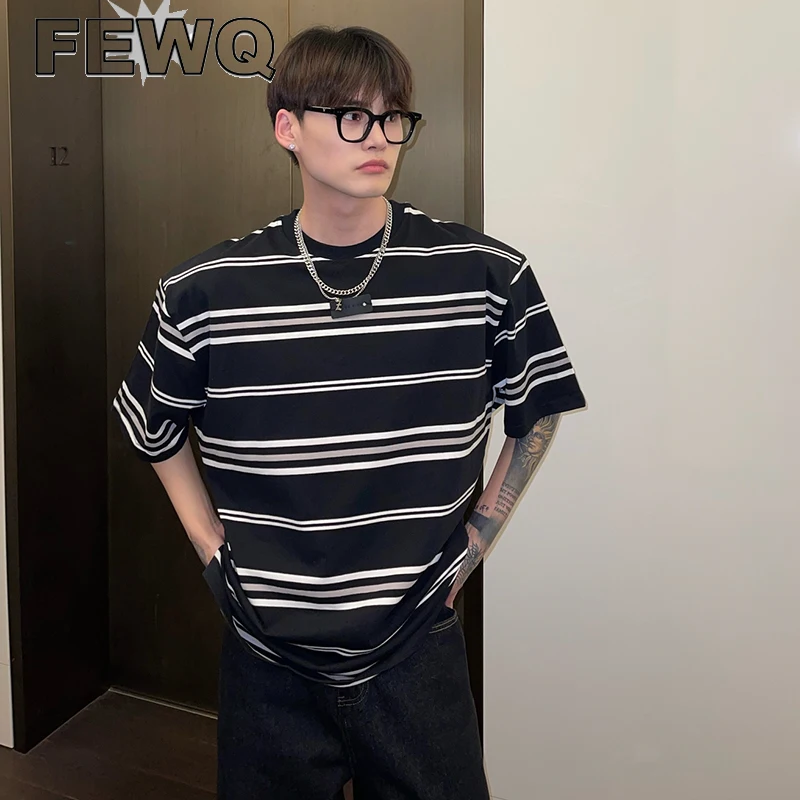 

FEWQ Striped Men's Casual Short Sleeve T-shirts Korean Fashion Male O-neck Tee Stitching Color Shoulder Pad Tops 2023 New 9C1165