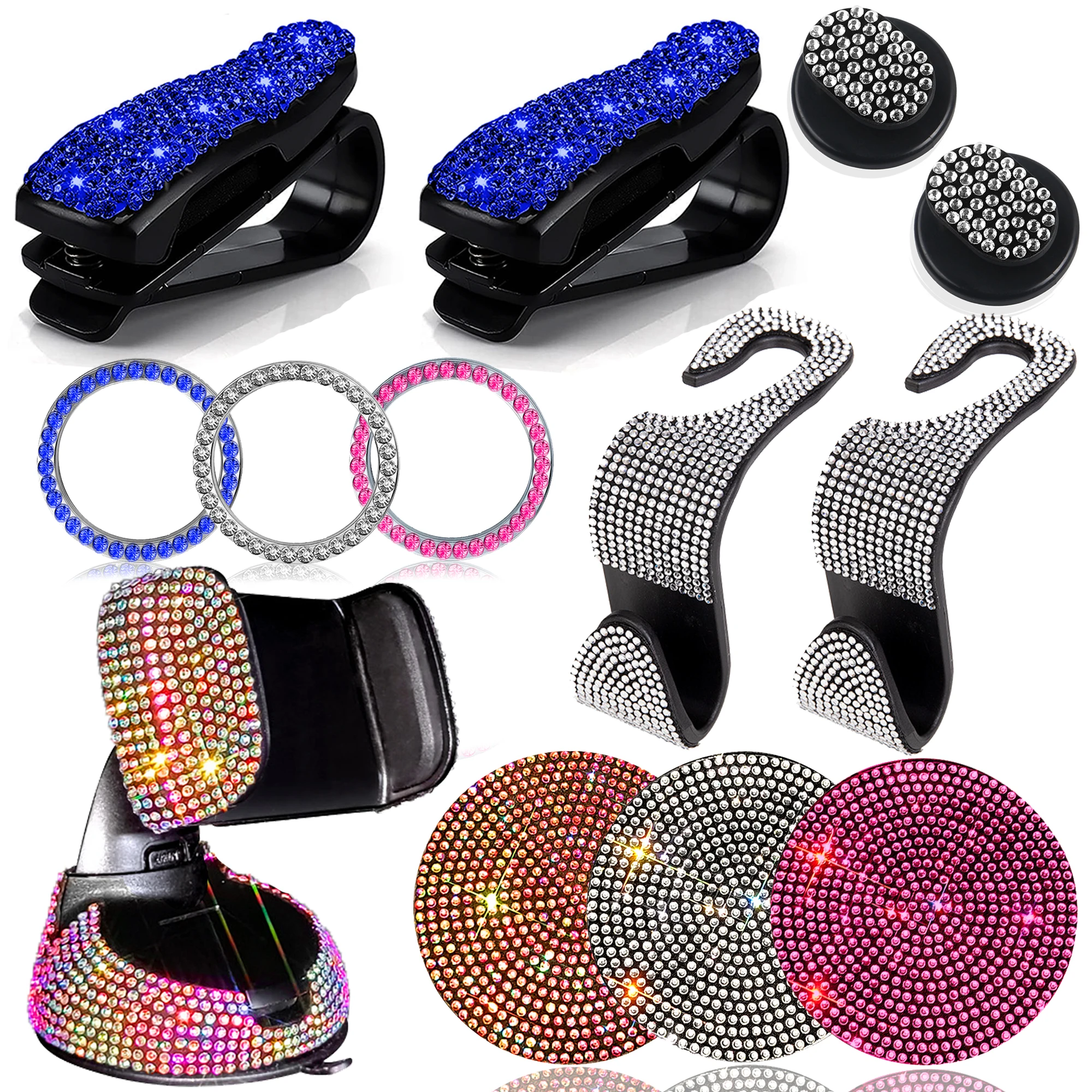 

13pcs Shiny diamonds Car Accessories Set for Women,Bling Car Phone Holder Mount,Glasses Holders,Car Backseat Hanger,Car Coasters