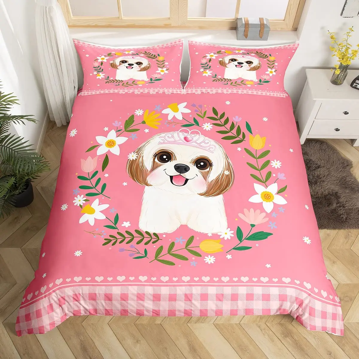 

Пододеяльник с мультяшными животными и собаками, Королевский размер, розовое одеяло, чехол с рисунком буйвола, Цветочный щенок, Комплект по...