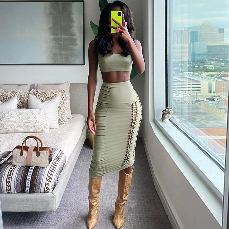 

LEOSOXS Ladies fashion hollow navel vest slim skirt suit