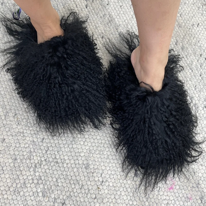 High Quality Women's Fluffy Mongolian Fur Slides Shaggy Curly Sheepskin Flat Bottom Long Fur Slippers
