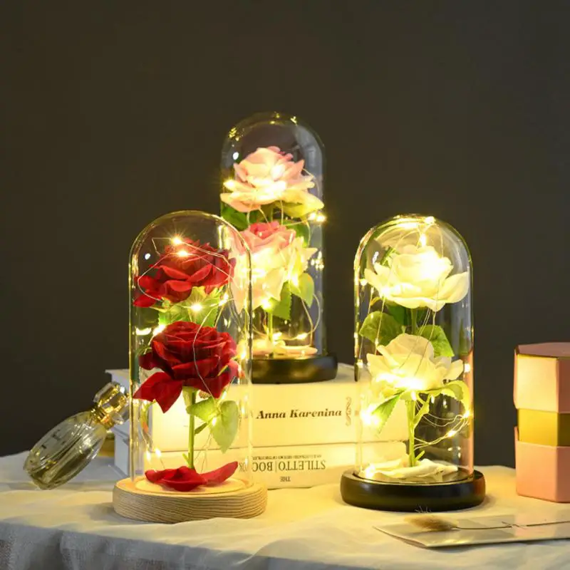 

LED Light Foil Flower Glass Cover Mothers Day Wedding Favors Gift Decoration For Girlfriend Eternal Rose Valentines Day Gift