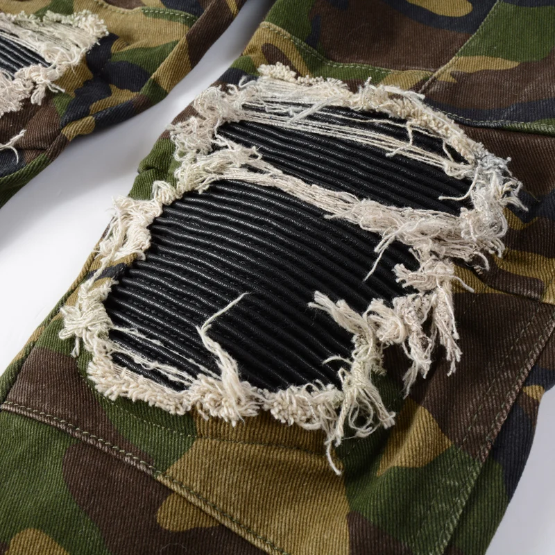 Street Fashion Men Jeans Camouflage Elastic Ripped Jeans Men Big Pocket Cargo Pants Leather Patched Designer Hip Hop Brand Pants