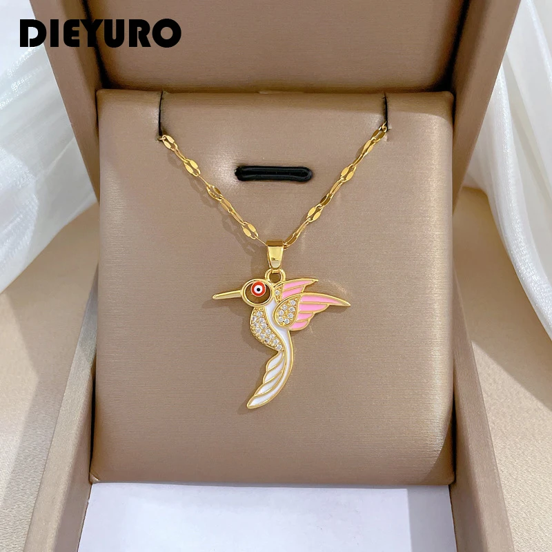 

DIEYURO 316L Stainless Steel Hummingbird Pendant Necklace For Women Girl New Trend Neck Chain Choker Jewelry Gift Party Collier
