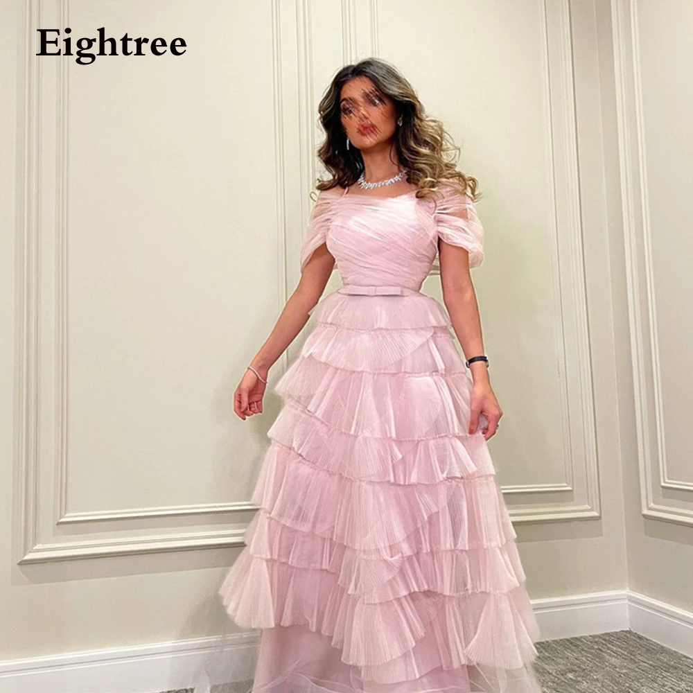 

Eightree Pink Graceful Prom Dresses Off the Shoulder Tulle Frill-Layered Tiered Saudi Arabia Robes De Soirée 2023 Formal