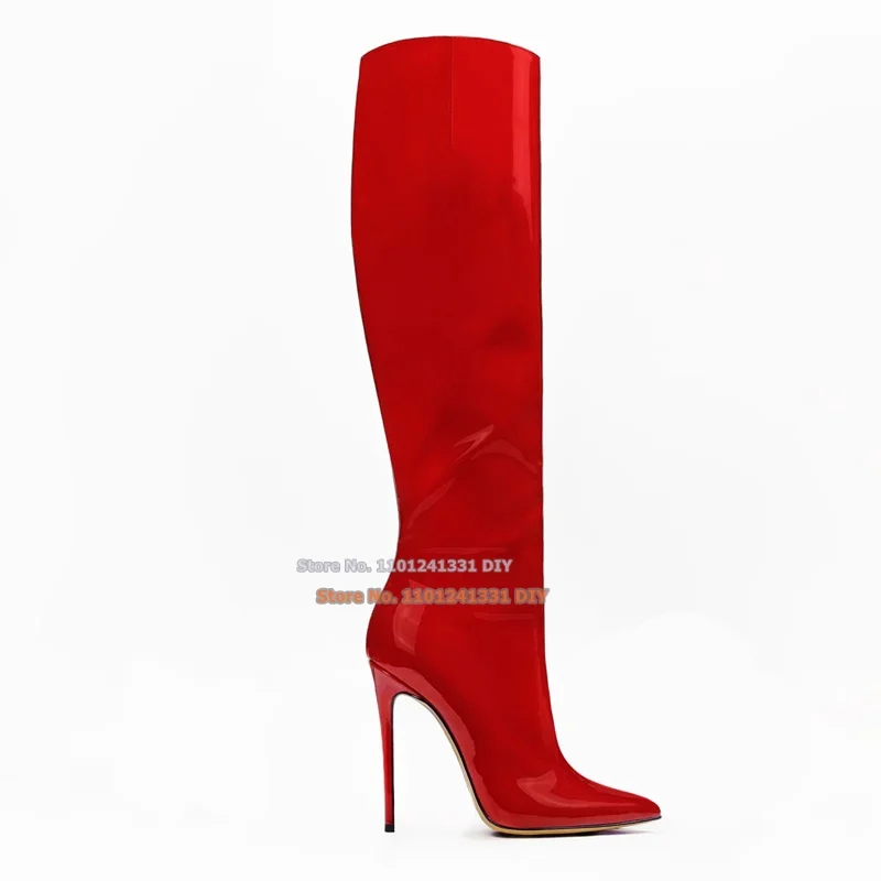 Red Bright Glossy Patent Leather Pointed Toes Knee High Boots Women Handcrafted Stiletto Heeled Long Bota High Heel Shoes